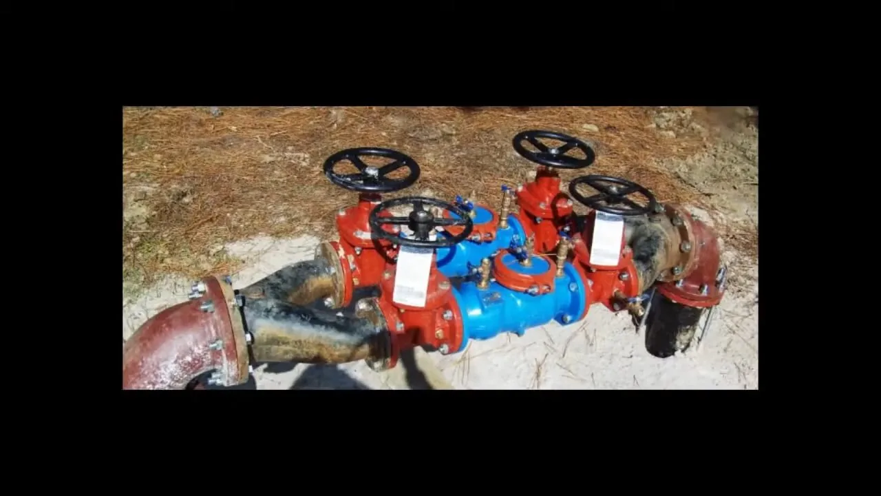 Large red commercial backflow preventer, part of a owasa backflow requirements visit in Chapel Hill, NC