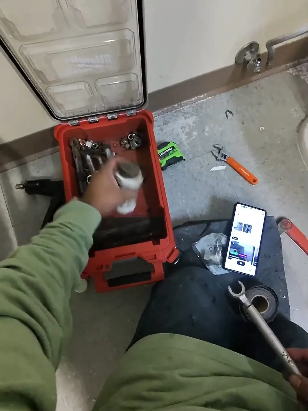 On-site detail: commercial restroom drain cutting tool, from a local commercial maintenance schedule service call