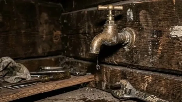 Close view of dripping antique faucet in winter workshop handled during a dripping faucet causes appointment