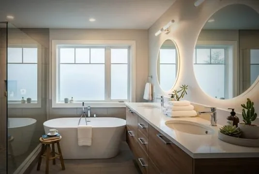 Bright double vanity bathroom renovation, part of a bathroom remodel plumbing checklist visit in Chapel Hill, NC